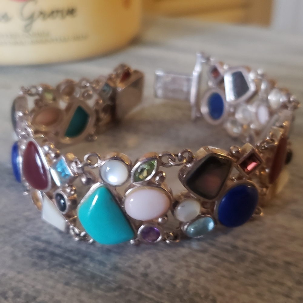 Sterling Silver Multi-Stone Bracelet Carnelian, Topaz, Turquoise, Lapis Stunning - Picture 9 of 10